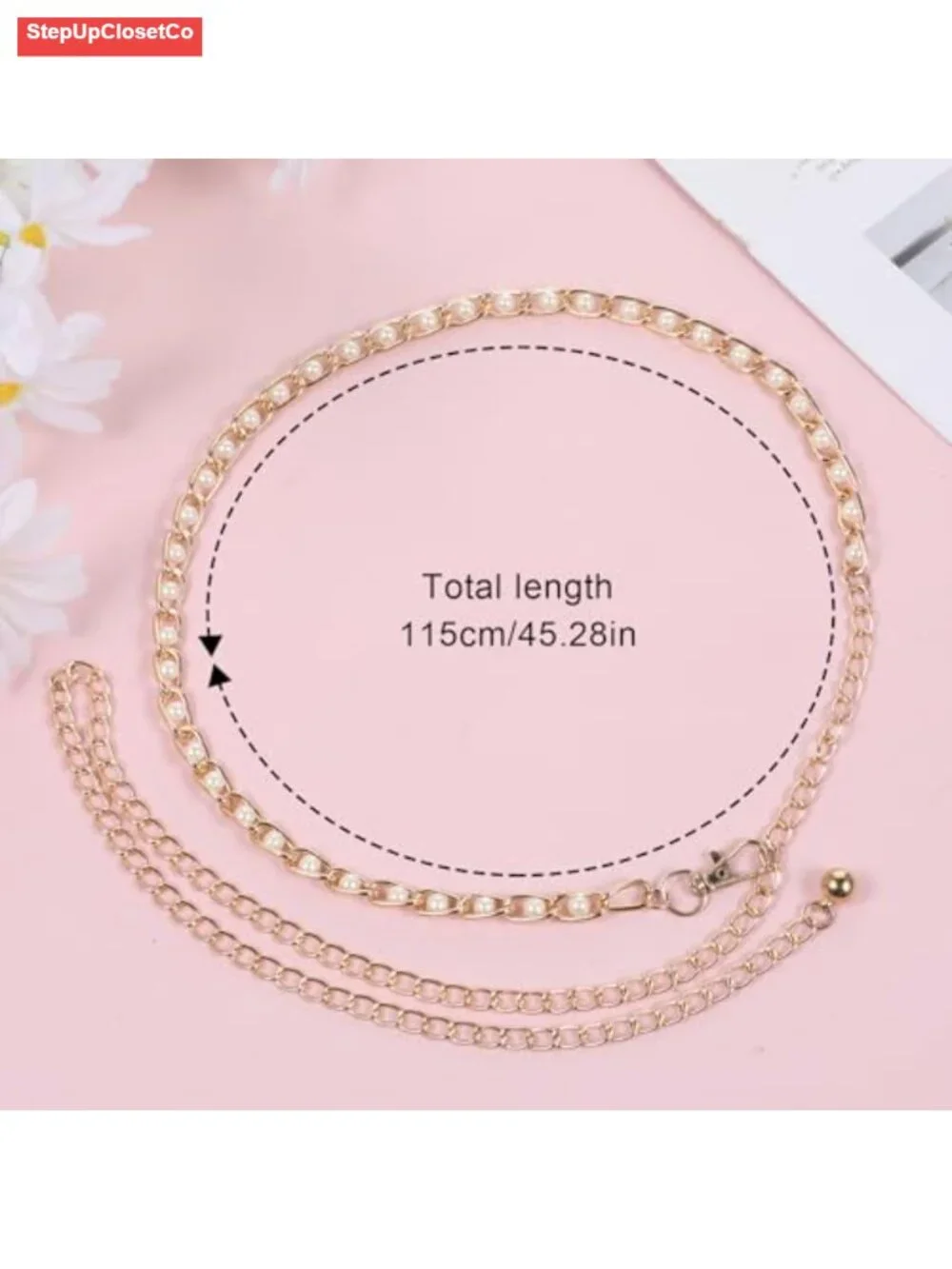 Adjustable Metal Waist Chain Belt with Pearl Accents, Lobster Clasp, Dainty
